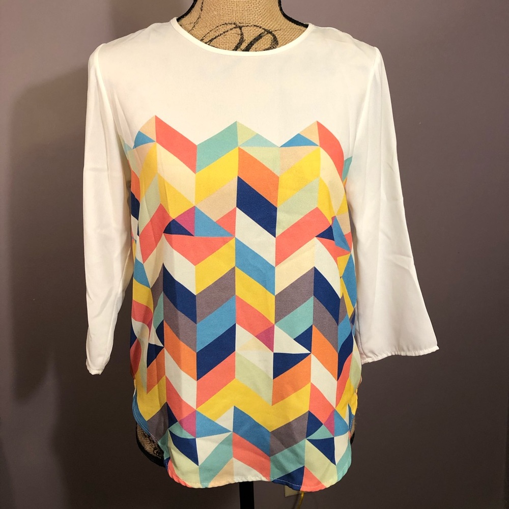 Blue Rain Blouse Mosaic Rainbow Chevron 3/4 Sleeve